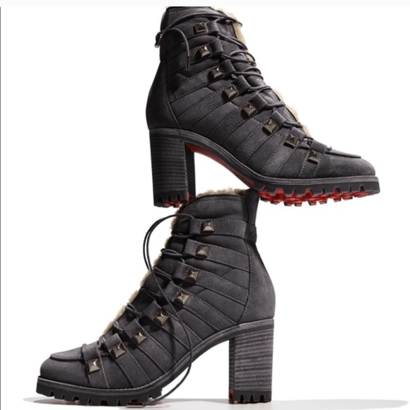 Christian Louboutin Shoes - Christian Louboutin | Chaletta Gray Shearling Studded Ankle Boots Fur Lined 39/9